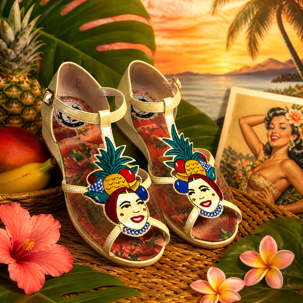 Miss L Fire Carmen Miranda Sandals Sz 41 Retro Pinup Tiki Novelty Flats Peep Toe